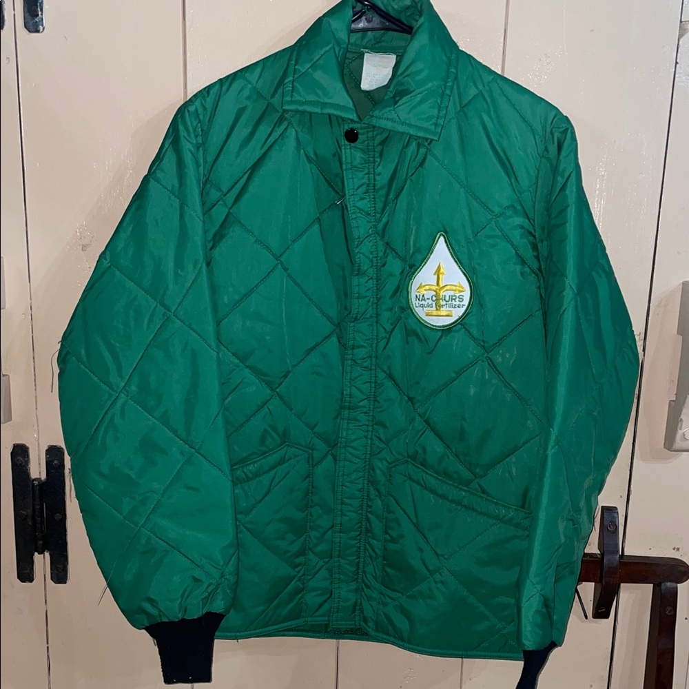 Vintage Green Quilted Jacket with NA-CHURS fertilizer Patch, small,